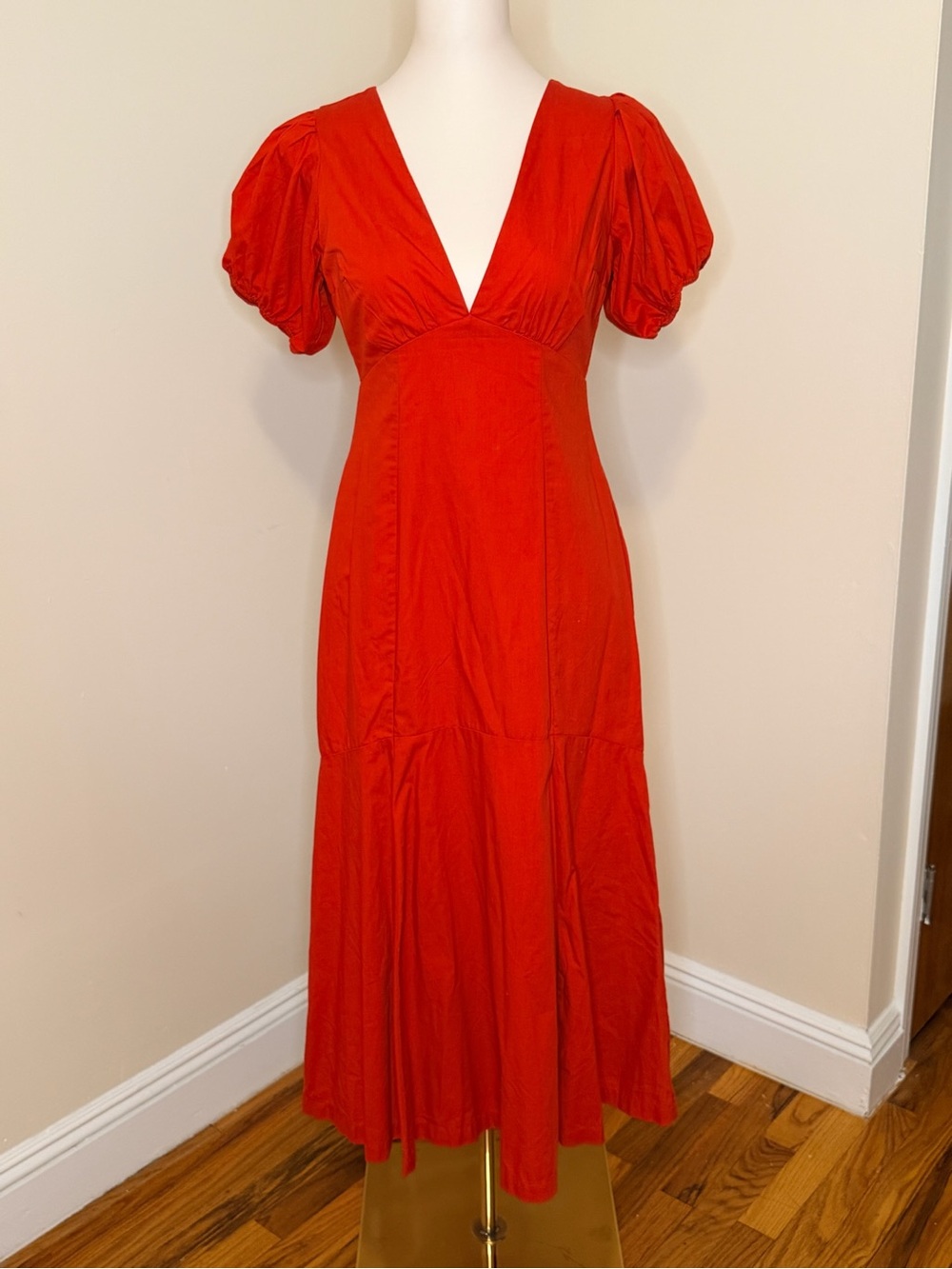 Abercrombie & Fitch Red Puff Sleeve Open Tie Back Midi Dress Size SP